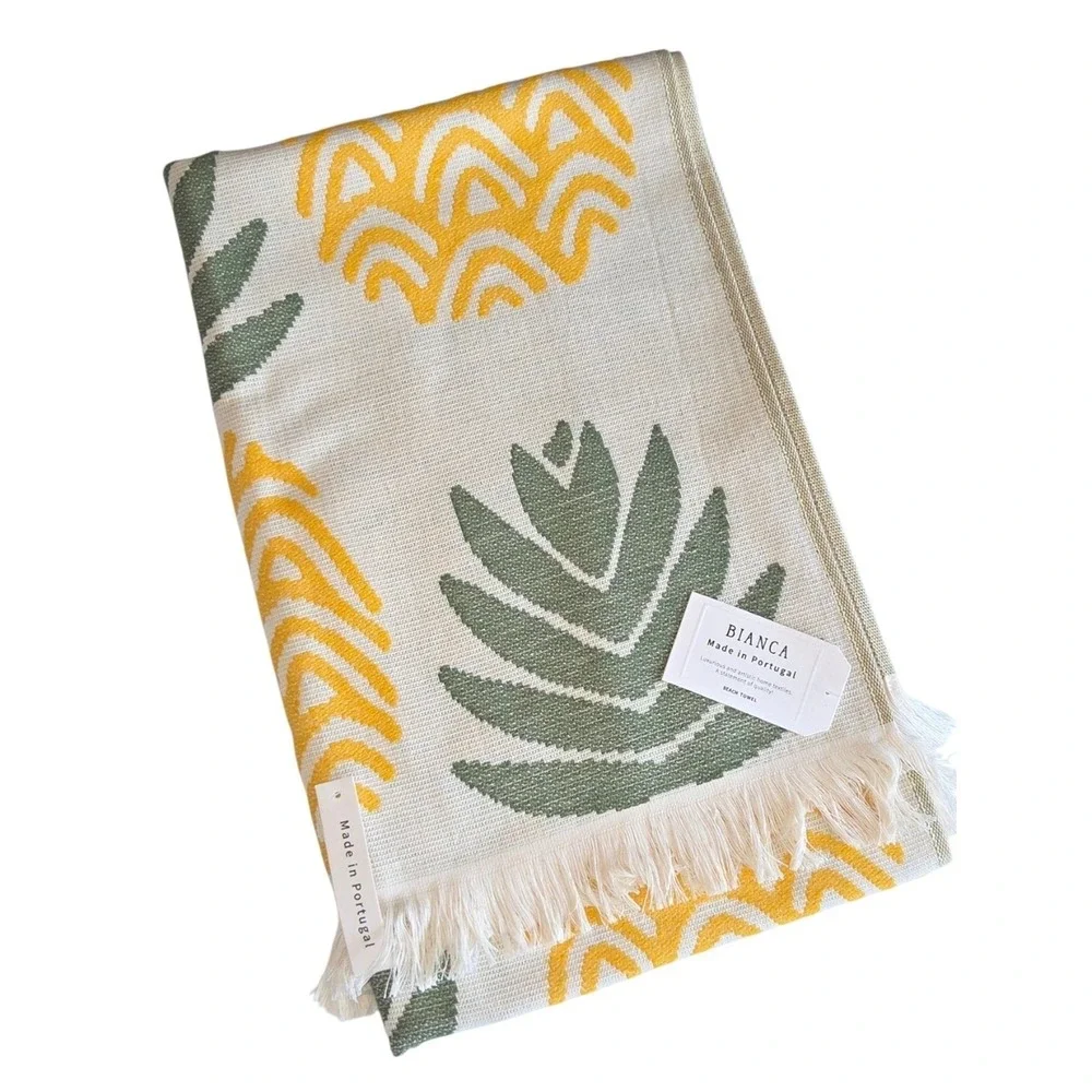 Bianca Pineapple Cotton Beach Towel Yellow Green Jacquard Weave Made in Portugal